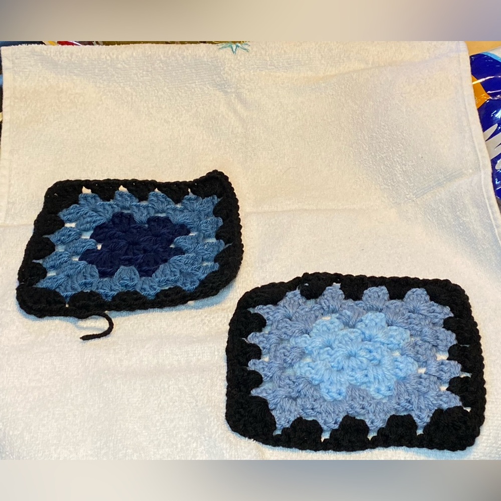 Handmade Blue and Black Crochet Kitchen Linens “GRANNY SQUARES”